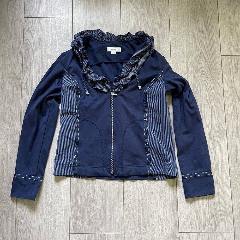 Zowy Jacket Full Zip Women's Size 6 Blue Solid Striped Ruffle Neck Long Sleeve